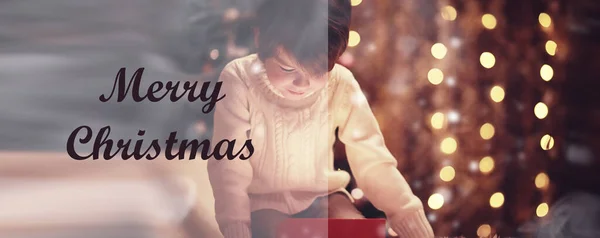 Family Christmas Eve Fireplace Little Boy Opening Xmas Presents Child — Stock Photo, Image