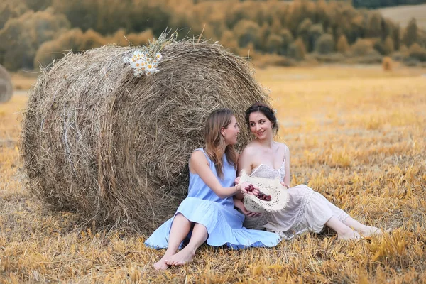 Deux Belles Filles Robes Dans Champ Automne Avec Des Baies — Photo