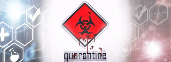 医院隔离器玻璃门上的检疫警告标志 在特殊实验室中分离病毒患者 — 图库照片