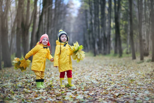 小孩子们在秋天的落叶公园里漫步 — 图库照片