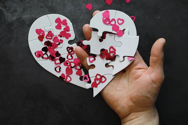 Witte Hartvormige Puzzel Hartzaken Onverdeelde Liefde Gebroken Hart Sleutel Tot — Stockfoto