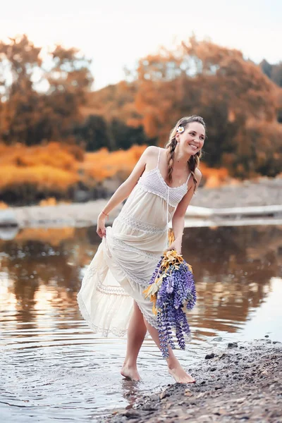 Beautiful Girl Bouquet Blue Flowers Nature Autumn — Stock Photo, Image