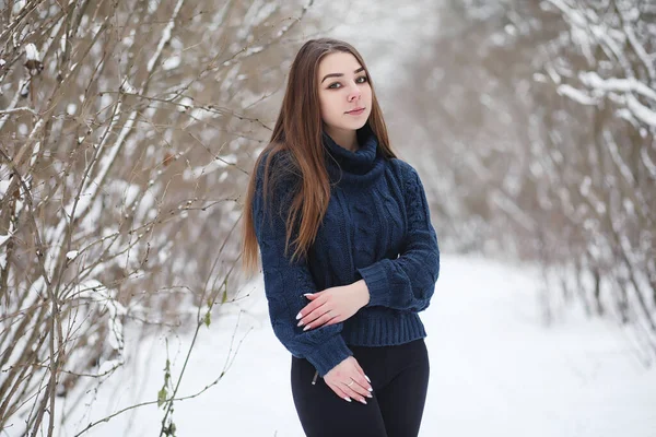 Ung Flicka Vinterpark Promenad Julsemester Vinterskogen Flicka Njuter Vintern Parken — Stockfoto