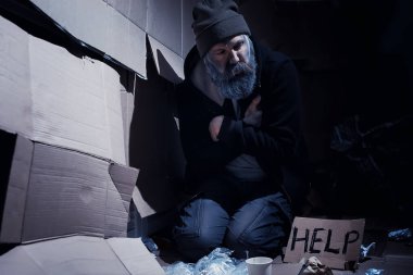 Evsiz sakallı bir adam sokakta kutulara oturup yardım istiyor. Evsiz bir insan yemek için para ister ve bir gecede.