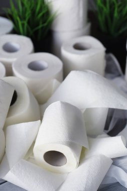 Tuvalet kağıdı rulo halinde. Kar beyazı, yumuşak, üç katmanlı tuvalet kağıdı. Hijyen ürünleri eksikliği. Birincil koruma ve dezenfeksiyon.