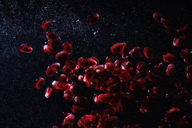 Olgun tatlı nar tohumlarına su damlaları düşer. Metnin için kopyalama alanı olan taze nar arkaplanı. Vejetaryen ve vejetaryen kavramı.