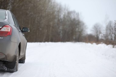 Araba karlı bir kış yolunda tarlalarda.