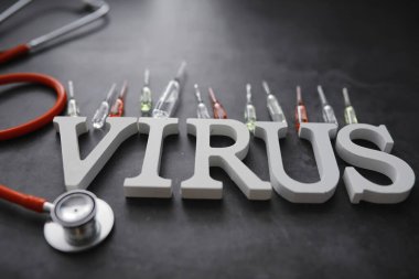 Tıbbi geçmişi var. Mektup virüsü. Coronavirus ahşap harfler. Dünyadaki en ölümcül salgın virüsünün geçmişi. Virüs Aşısı.