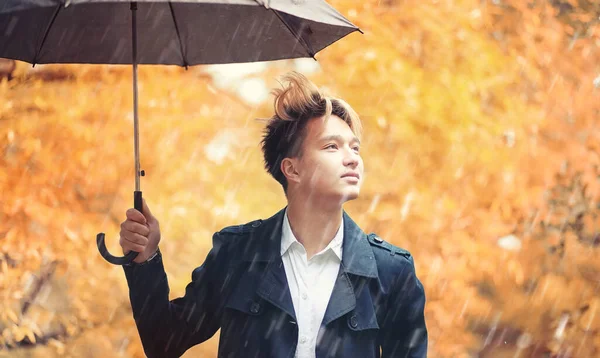 Parc Automne Par Temps Pluvieux Jeune Homme Avec Parapluie — Photo