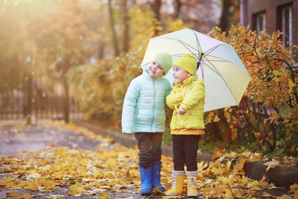 Los Niños Caminan Parque Otoño Fal — Foto de Stock