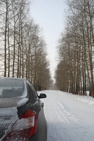 Samochód Śnieżnej Zimowej Drodze Polach — Zdjęcie stockowe