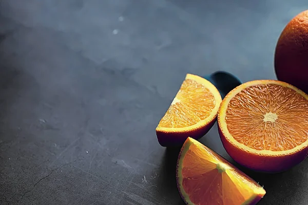 Orange citrus fruit on stone table. Orange background.
