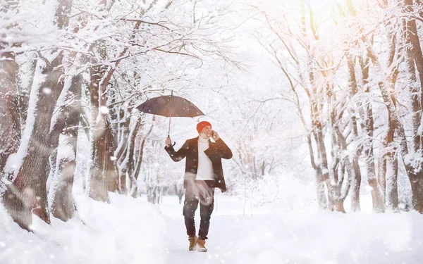Parkta yürüyen bir adam. Kışın kar altında şemsiyeli genç bir adam..