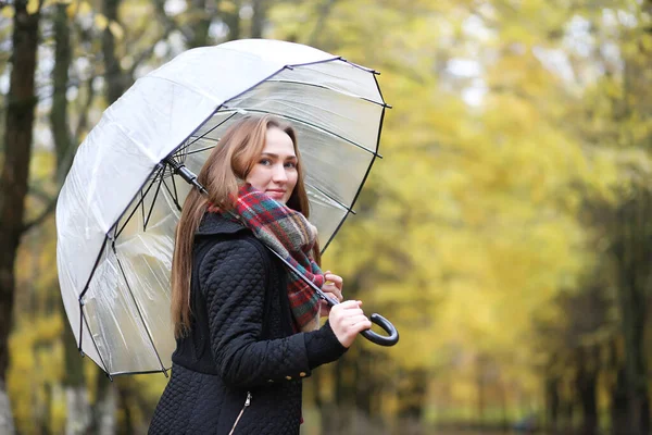 Chica Joven Paseo Por Parque Otoño Con Paraguas — Foto de Stock