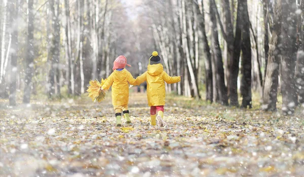 幼儿在秋季公园散步 第一次霜冻和秋季森林的第一场雪 孩子们在公园里玩雪和树叶 — 图库照片