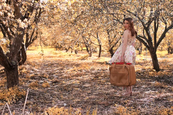 Dívka Koženým Kufříkem Pro Cestování Podzimním Parku Wal — Stock fotografie