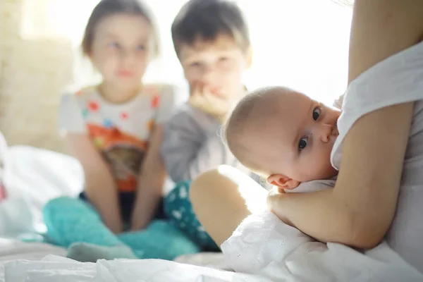 Concepto Maternidad Una Joven Madre Alimenta Pequeño Bebé Primer Señuelo — Foto de Stock