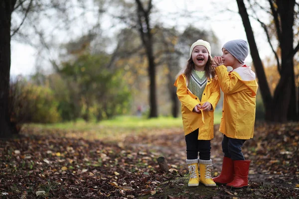 Les Enfants Marchent Dans Parc Automne Dans Fal — Photo