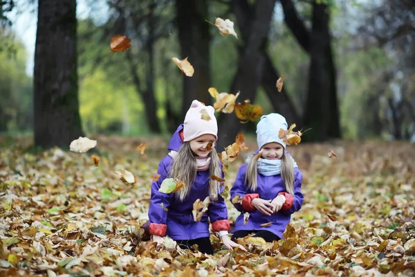Дети Прогулку Осенний Парк Листья Падают Парке Семья Падение Счастье — стоковое фото