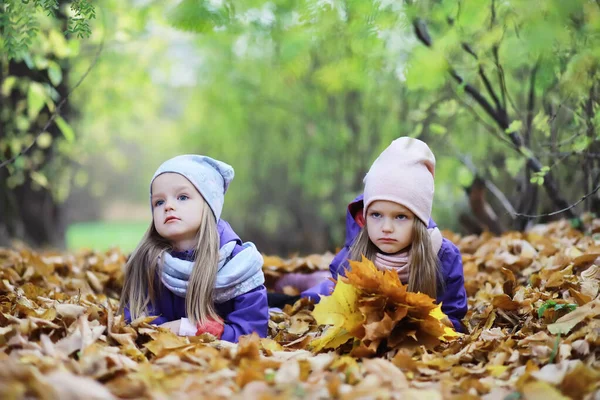 Діти Прогулянку Осінньому Парку Лист Падає Парку Сім Падіння Щастя — стокове фото