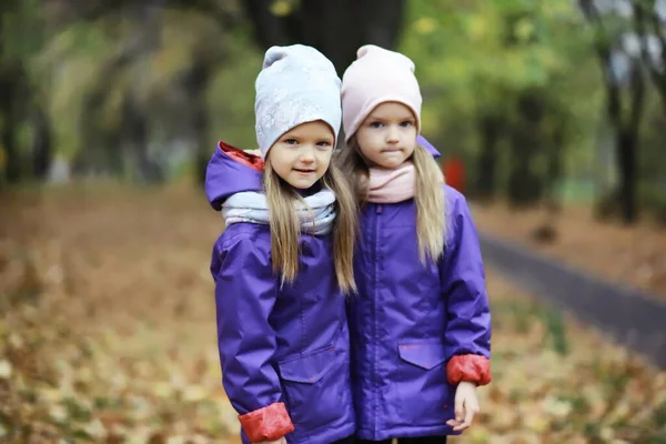 秋の公園を散歩する子供たち 公園の葉が落ちる 家族だ — ストック写真