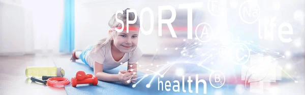 Sport Healthy Lifestyle Child Playing Sports Home Yoga Mat Dumbbell — Stock Photo, Image