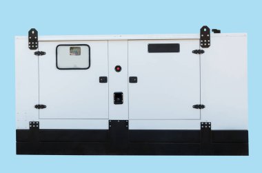 Acil elektrik güç için jeneratör. Üzerinde mavi arka plan izole.
