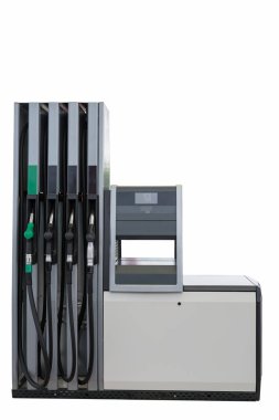 Benzin istasyonu beyaz arka planda izole edilmiş. Yakıt pompası.