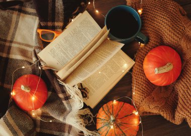 Sıcak bir akşam. Kitap, çay, sonbahar, balkabağı