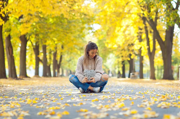 Красивая Осенняя Женщина Осенними Листьями Фоне Природы — стоковое фото
