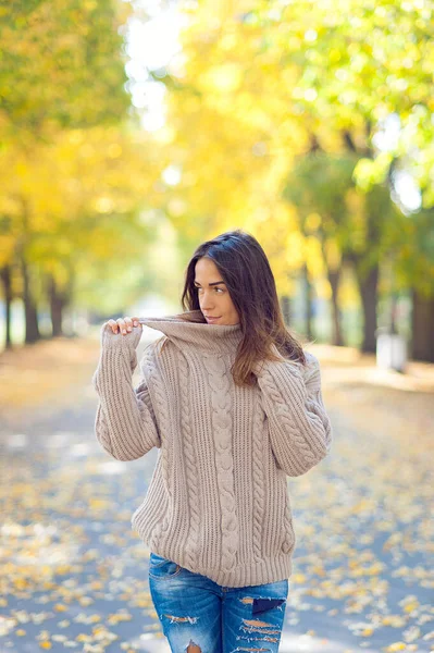 Осенняя Женщина Осеннем Парке Теплая Солнечная Погода — стоковое фото