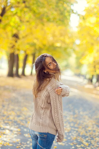 Mulher Outono Bonita Com Folhas Outono Fundo Natureza Queda — Fotografia de Stock