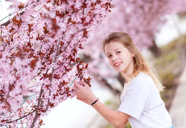 Fille Parmi Les Belles Fleurs Cerisier Pleine Floraison — Photo