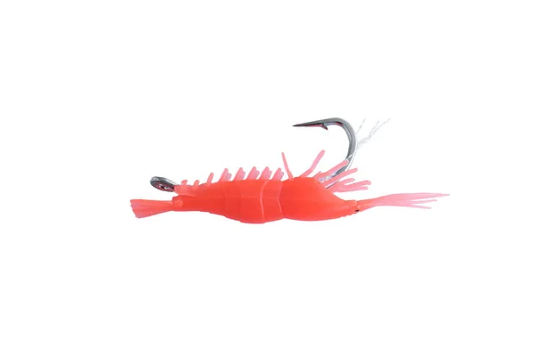 Group of isolated silicone lures on wooden background. Colourful plastic soft baits for spinning fishing. silicone lure shrimp — Stock fotografie