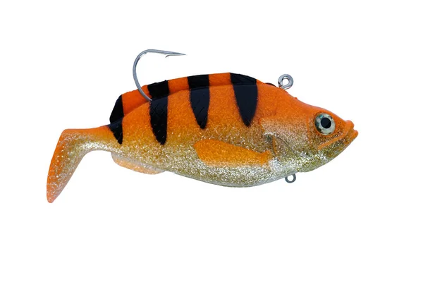 Peixe de silicone. cor laranja Isca de pesca isolada no fundo branco. Foto com caminho de recorte . — Fotografia de Stock