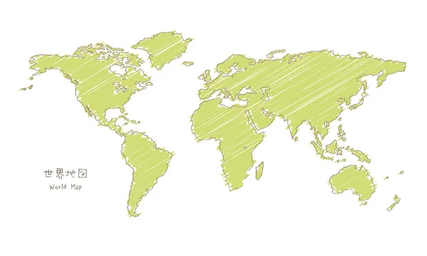 Croquis Dessiné Main Carte Monde Mercator Projection Traduction Japonais Carte — Image vectorielle