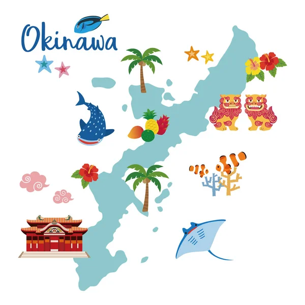Окінавской Подорожі Карта Місцевими Делікатесами Shisa Тропічними Фруктами Китова Акула — стоковий вектор