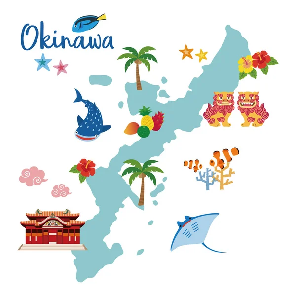 Okinawa seyahat etmek harita yerel lezzetlerden (Shisa tropikal meyve balina köpekbalığı; ebegümeci; palmiye ağacı; mercan; tropikal balık; deniz yıldızı; güçlü Okinawa içki; manta ray ile)