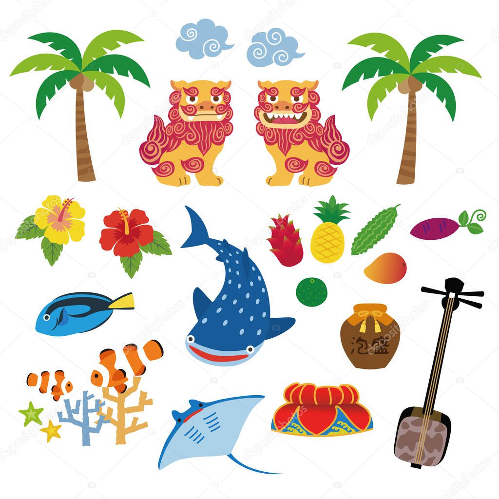 Okinawa illustration with local specialty, Shisa, tropical fruits, whale shark, hibiscus, palm tree, coral, tropical fish, manta ray, hat decorated with flower, sanshin; Okinawan traditional three-stringed instrument