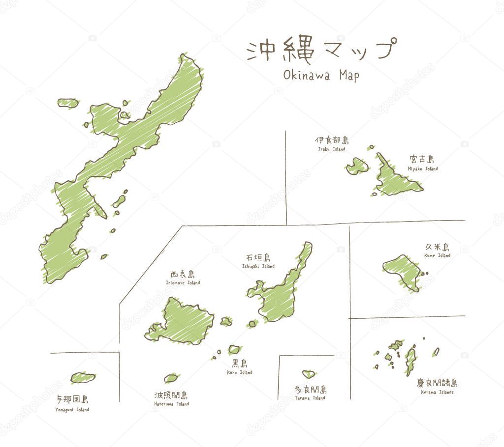 Hand drawn sketch map of Okinawan islands on white background