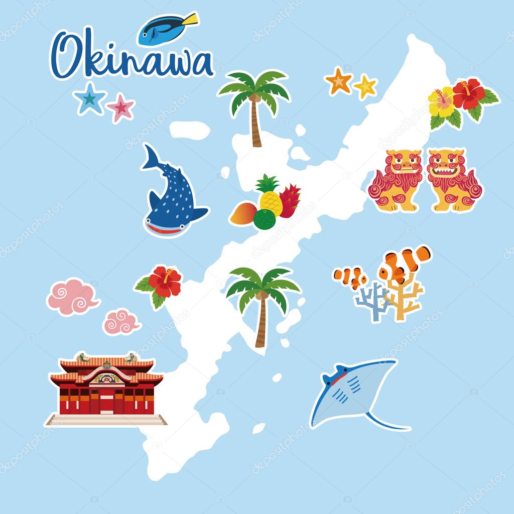 Okinawa travel map with local specialties (Shisa; tropical fruits; whale shark; hibiscus; palm tree; coral; tropical fish; starfish; strong Okinawan liquor; manta ray)