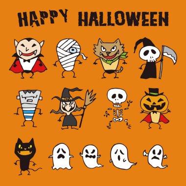 Cadılar Bayramı canavarlar illüstrasyon, Jack o fener, Dracula, kurt adam, cadı, Anne, zombi, iskelet, kabak erkek, hayalet, Black Cat
