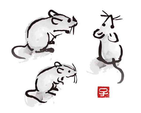 Pincel Tinta Indiana Pintura Mouse Rato Ilustração Com Selo Vermelho — Vetor de Stock