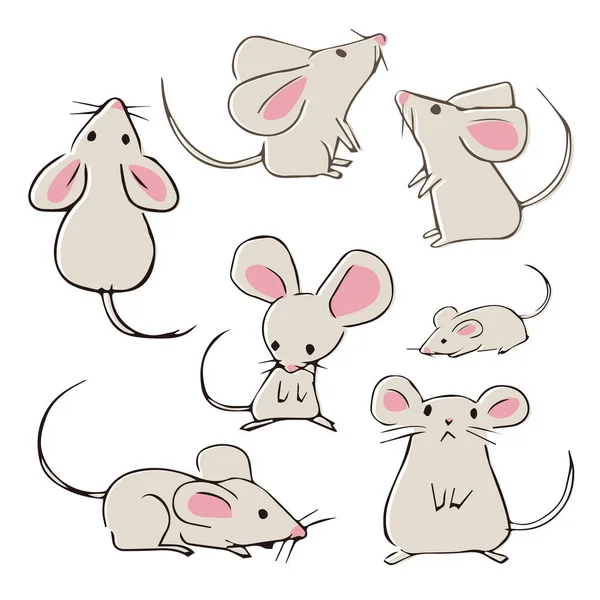 Schattig Handgetekende Muizen Met Verschillende Poses Witte Achtergrond — Stockvector