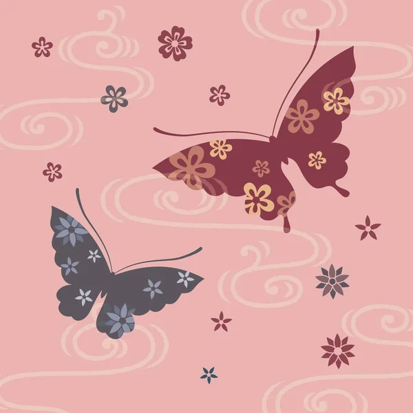 Borboleta e flor, Ilustração em estilo japonês — Vetor de Stock