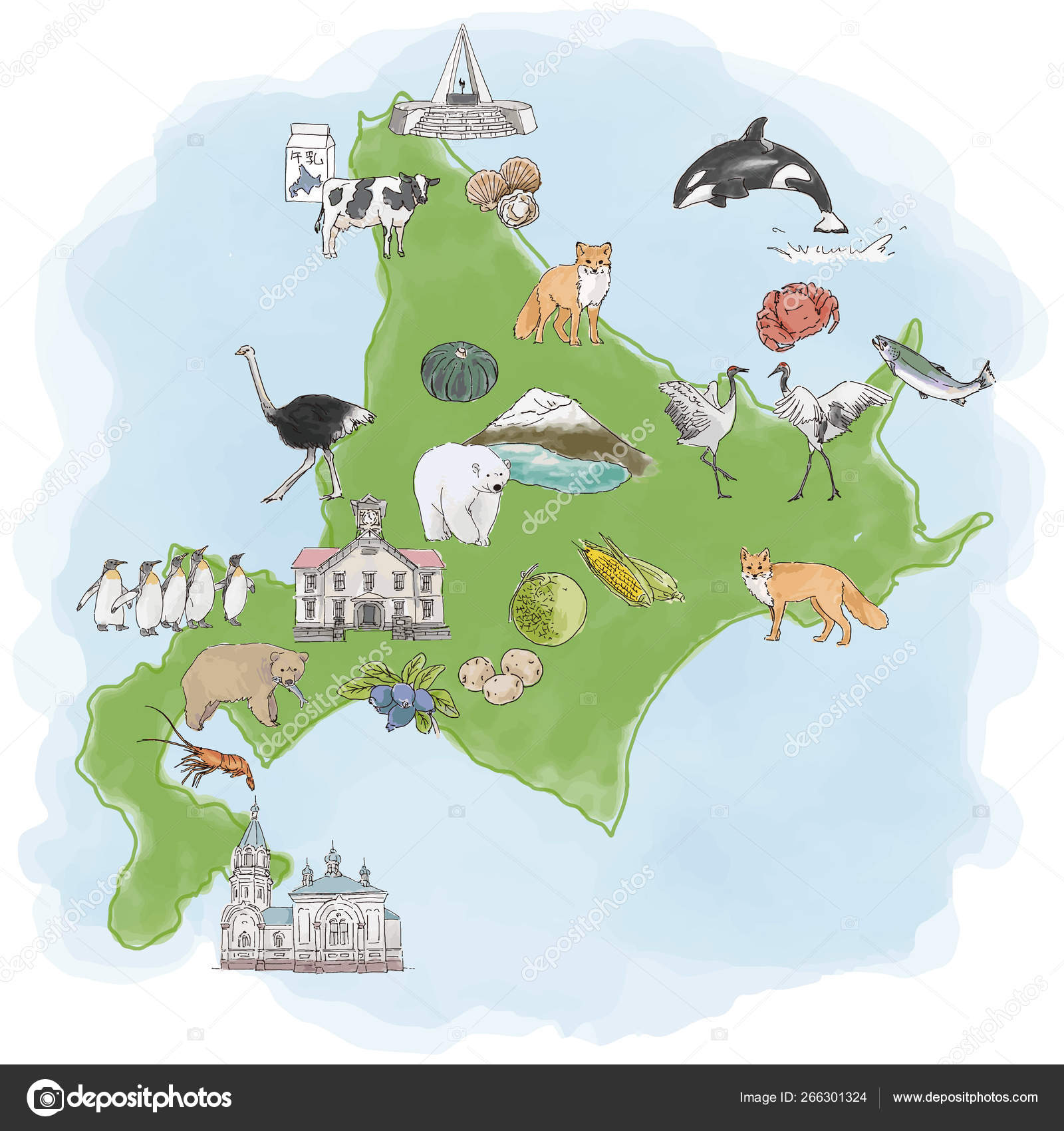 公式 北海道観光名産水彩イラストマップ ストックベクター 北海道