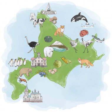 北海道観光名産水彩イラストマップ