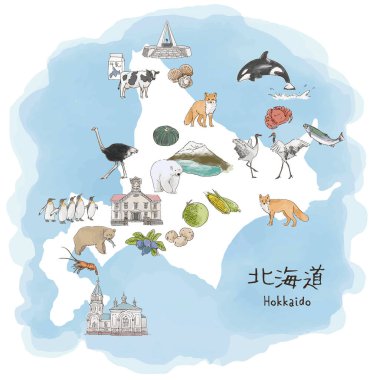Hokkaido, Japonya'nın Kuzey adası - seyahat haritası suluboya illüstrasyon