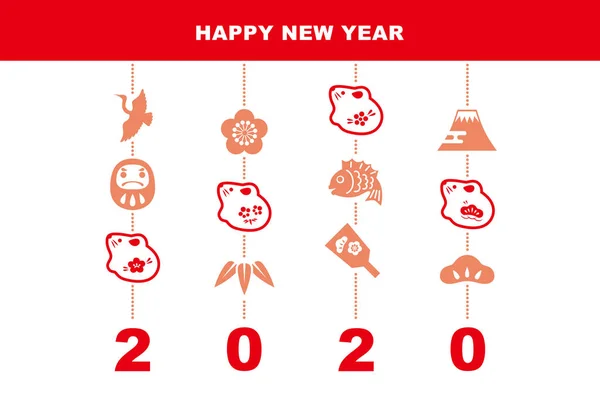 Biglietto di Capodanno con bambole del mouse ed elementi portafortuna per il 2020 — Vettoriale Stock