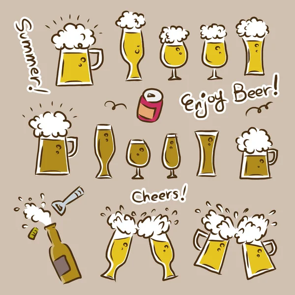 Bière pression versée dans des tasses à bière et des verres / fête et été — Image vectorielle